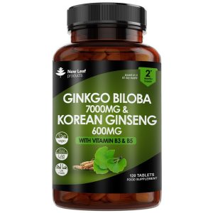 Ginkgo Biloba 7000mg & Korean (Panax) Ginseng 600mg Tablets with Vitamin B3 & B5 120 Tablets