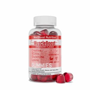 Muscle Boost - Recovery, Creatine, BCAA, Glutamine, Lysine, 60 Chewable sugar free vegan Gummies for Men & Women - 1900mg Active per Serving - Natural Strawberry Flavour Supplement Dietary Fitness Optimum